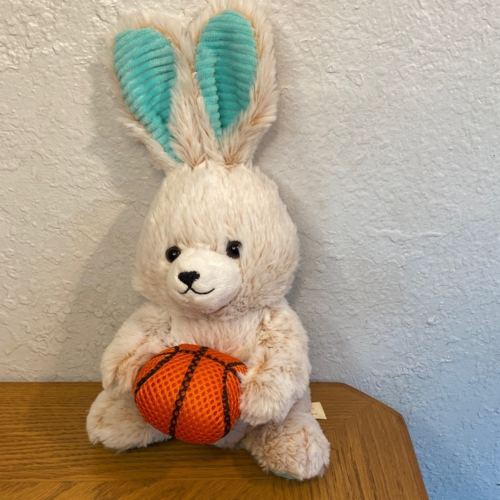 Dan Dee Plush Bunny Basketball Cream With Teal Corduroy Ears Bottom Feet Rare